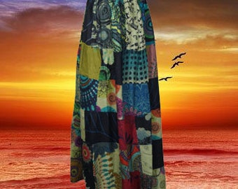 Womens Maxi Skirt, Blue Green Boho Hippie Festival PATCHWORK Vintage Retro Maxi Flared Skirts, Cotton Casual Comfy SKIRT S/M/L