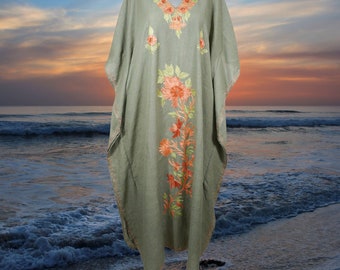 Womens Caftan Embroidered Kaftan, Oversize Handmade Gift, Kaftan Maxi Dress, Flowy Caftan, Gray Housedress, Bohemian Fashion L-2XL