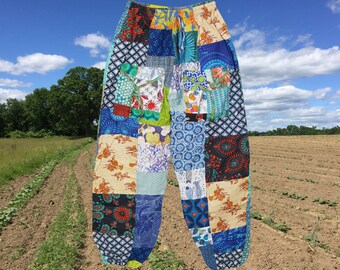 Boho Hippie Pants, Summer Cotton Bombay Blue Shades Harem Pants, Floral Pants, Soft Patchwork Trousers, Baggy Pants S/M/L