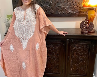 Womens Kaftan Maxi Dress, Embroidered Boho Goddess, Lounger, Salmon Pink, Cotton Crepe, Kimono Caftan Maxi Dress, Gift, One Size L-2XL