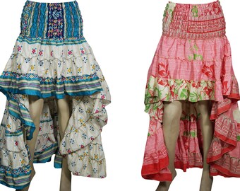 Womens High-Low Maxi Skirt 2pc Recycled Vintage Sari Gypsy Hippie Chic Ruffle Flirty Flare Summer Skirts S/M