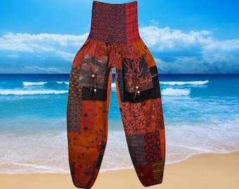 Womans Boho Pant, Red Trendy Hippie Pants, Patchwork Gypsy Cotton Trousers, Cargo Pants, Loose Baggy Handmade Pants S/M