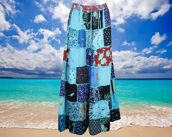 Womens Maxi Skirt, Blue Boho Hippie Festival PATCHWORK Vintage Retro Maxi Flared Skirts, Cotton Casual Comfy SKIRT S/M/L