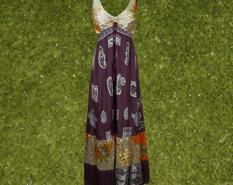 Womens Upcycle Silk Maxi Dress, Beach Maxidress, Flowy Dresses, Purple Bohemian Strapdress, Fall Fashion Handmade Dresses ML