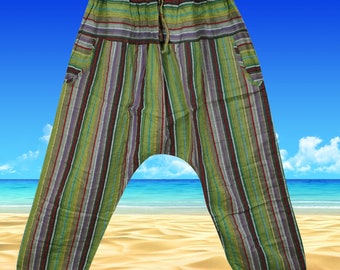 Boho Indian Yoga Harem Pants, Lime green, Gray Stripe Drop Crotch Pants, BEACH YOGA Hippie Pant, Cotton Baggy Pant S/M/L