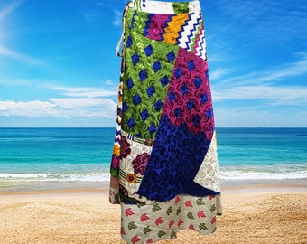 Womens Wrap Skirt, Beach Cover Up, Pink Blue Printed Two Layer Silk Sari Skirts, Magic Wrap Around Skirts One size