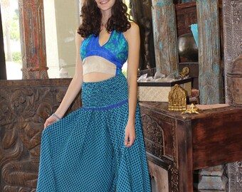 Blue Printed Sexy Stylish Crop Top Recycled Silk Halter Tops Blouse One Size