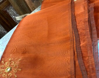 Single Indi Boho Curtains Caramel Orange Embellished Curtain, Sheers Gold Tab Top Organza Window Treatment 90