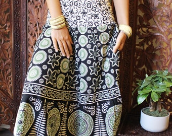 Womens Maxi Long Skirt Black Block Printed A-Line Cotton Summer Style  Summer High Waist Skirts S/M