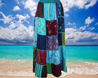 Womens Boho Maxi Patchwork Skirt, Blue Summer Festival Beach Skirt, Boho Patchwork Skirt ,Hippie Skirt, Long Boho Gypsy Skirts S/M