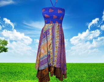 Womens Boho Summer Dress, Blue Handkerchief Hem Printed Recycled Silk Halter Dress Two Layer Womens Travel Dresses S/M