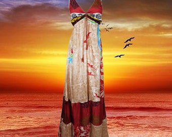 Womens Deep V Maxidress, Fall Maxi Dress, Red Peach Euphoria Recycled Silk Maxi Dress, Boho Hippy Beach Dress, Gift ML