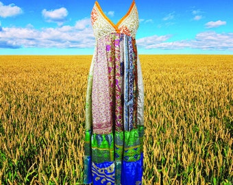 Womens Recycle Silk Strap Dresses, Fall Maxi Dress, Beach Maxidress, Recycle Silk Swing Dresses S/M