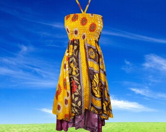 Womens Beach Dress, Handmade Yellow Recycled Vintage Silk Handkerchief Hem Boho Halter Sundress, Summer Bohemian Dresses S/M