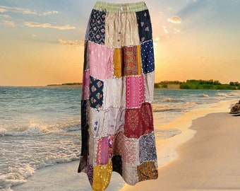 Womens Long Skirt, Floral Peach Print Patchwork Maxi Skirts, Elastic Waist Swing Skirts Bohemian Long Summer Chic S/M/L