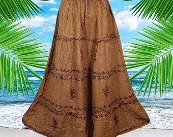 Brown Clay Flowy Renaissance Long Skirt, Hand Embroidered Fall Summer Festive Elastic Waist, Skirt  , Handmade, Hippe, Midi Skirts S/M/L