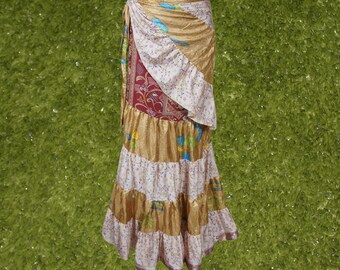 Womens Silk Sari Ruffle Wrap Skirt, Beige White Tiered Maxi Skirt, Handmade Belly Dance Beach Party Long Skirts One size