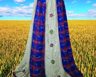 Ivory Renaissance Long Skirt, Blue Check Embroidery Hippie Skirt, Scalloped Hemline, Handmade, Boho Long Skirts S/M/L