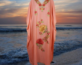 Womens Kaftan Maxidress, Travel Maxi Dresses, Peach Embroidered Caftan Dresses, Loose Flowy Dressy Caftan Dress One Size L-2XL