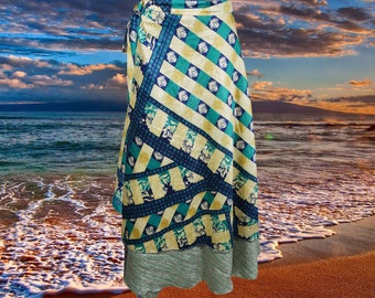 Womens Long Wrap Skirt, Indian Vintage Sari Skirt, Beach Wear Reversible 2 Layer Skirts, Blue Printed Long Wrap Skirts One Size