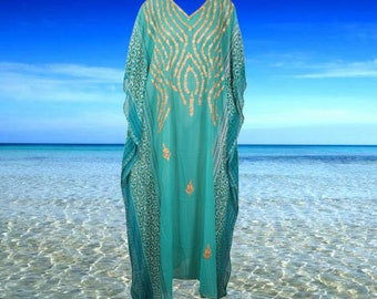 Womens Lounger Kaftan Dress, Boho Fashion, Maxi Dress, Ocean Blue Printed Sheer Caftan, Beach Party Wear, Embroidered Dress L-4X, One size