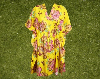 Womens Boho Caftan, Yellow Floral Beach Kaftan Dress, Tunic Dress, Coverup, Cotton Beach Caftan dress, Summer Short Dresses S/M/L