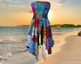 Womans Cotton Hanky Skirt, Boho Beach Dress, Asymmetric Hem Patchwork Skirt Dress S/M