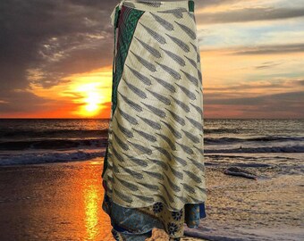 Womens Maxi Wrap Skirt, Blue Beige Floral Beach Cover Up, Boho Two Layer Silk Sari, Magic Wrap Around Skirts One size