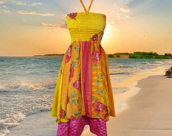 Women Yellow Pink Halter Neck Summer Dress, Handkerchief Hem Recycled Silk Sari Beach Resort Wear Sundress Boho Beach Dress S/M