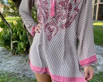 Womens Tunic Silk Shirt, Pink Floral Printed Tunic, Handmade Silk Embroidered Tunic, Handmade Indian Tunic Kurti, Boho Blouse S