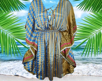 Recycled Sari Short kaftan For Women, Gold Blue Floral Print Handmade Caftan Dress, Resort Wear, Tunic Dress, Beach Cover up M-XL One Size