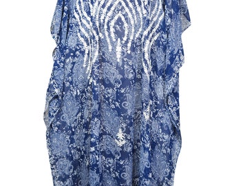 Womens Kaftan Maxi Dress, Blue White Printed Summer Fashion Dress, Georgette Embroidered Resort Wear Dresses ONESIZE L/4X