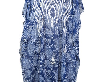 Womens Kaftan Maxi Dress, Blue White Printed Summer Fashion Dress, Georgette Embroidered Resort Wear Dresses ONESIZE L/4X