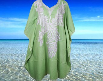 Vintage Embroidered Cotton Kaftan, Mint Green Cotton Midi Dress, Kaftan, Kimono Sleeve Caftan, Bohemian Caftan, Tunic L-4XL