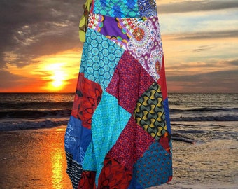 Womens Cotton Wrap Skirt, Floral Print Patchwork Blue Red Skirt, Travel Short Skirt, Summer Gypsy skirts, Vintage Style Skirt One size