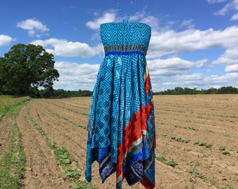 Women's Beach Sundress, Luxe Halter Dress, Blue Bohemian Recycled Silk Summer Travel Dresses S/M