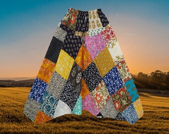 Unisex Harem Pants, Hippie Floral Patchwork Cotton High Waist Loose Trouser, Gift, Festival Boho Genie Pant S/M/L