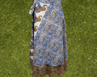 Women Sari wrap skirt, Beach Silk Sari Wrap Skirts, Blue White Elephant Printed, 2 Layer Reversible Magic Skirts, Gift One Size