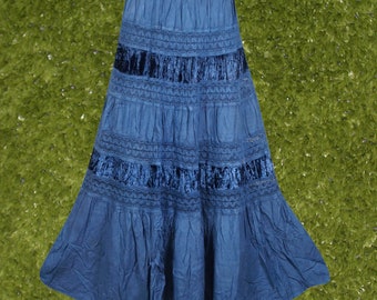 Blue Velvet Maxi Skirts, Crochet Lace Long Skirt, Ren Faire Handmade Boho Skirts M/L