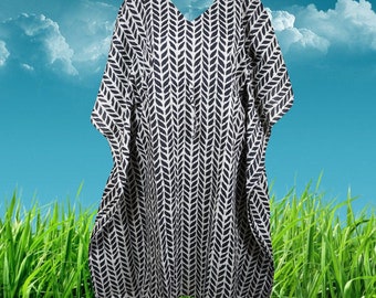 Womens Tunic Kaftan Midi Dress, Cotton, Black White, Printed Kimono Dresses, Summer, Beach Caftan Dress, Resort, Coverup SML