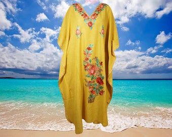Womens Caftan Dress, Handmade Yellow Floral Embroidered Kimono Dress Summer Cover Up Abaya Loose Stylish Maxi Kaftan Dresses One size ,L-2XL