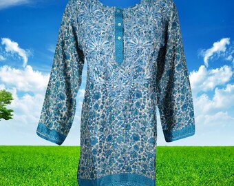 Womens Tunic Top, Handmade Blue Floral Printed Silk Tunic Dress, Hand Embroidered Tunic, Gift, Blouse Indian Kurta, Bohemian Clothing S