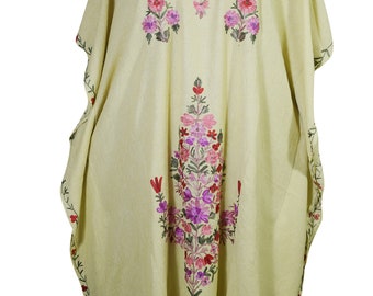Beautiful Floral Embroidered Womens Beige Caftan Maxi Dress INDIAN STYLE Kimono Kaftan Evening Dresses 4XL