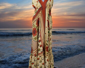 Womens Strap Boho Beach Maxi Dress, Summer Maxi Dress, Halter Dresses, Orange Beige Printed Swing Recycle Silk Handmade Dresses S/M