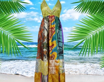 Womens Boho Hippy Beach Dress, Deep V Maxidress, Fall Maxi Dress, Colorful Euphoria Recycled Silk Maxi Dress, Gift ML