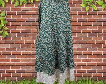 Womens Maxi Wrap Skirt, Green Grey Paisley Print Double Layers Wrap Skirts, Recycled Sari Wrap Skirt, Gift, Boho Fashion One size