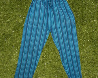 Boho Harem Pants, Handmade Blue Stripe Hippie Cotton Summer Pants, Trouser, Women’s and mens Lightweight Festival Pants S/M