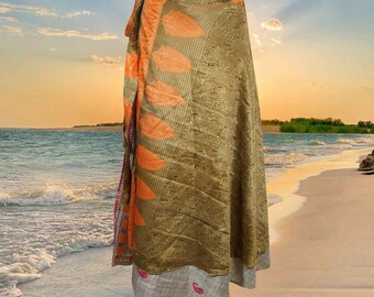 Womens Maxi Wraparound Skirt, Recycled Sari Wrap Skirt, Beige Paisley Print Layers Wrap Skirts, Travel Fashion, valentine gift One size