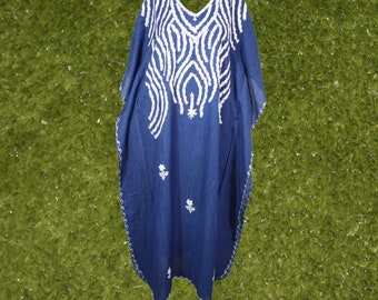 Womens Loose Kaftan Maxi Dresses, Berry Blue Luxury Cotton Hand Embroidered Caftan Dress, kaftan abaya long Dress L-2XL One Size