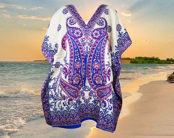Womens Beach Short Kaftan Dress, Purple Paisley Print Caftan Resort Wear, Hippie Boho Summer, Pool Cover up Dresses L-2XL